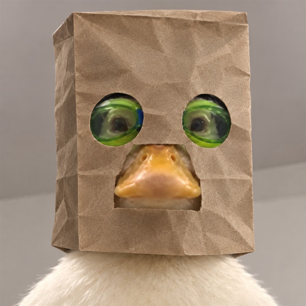 A duck wearing green goggles and a brown paper bag with holes cut for its eyes and beak